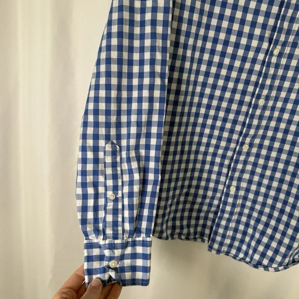 J. Crew Dress Shirt Mens Medium Blue White Plaid Organic Cotton Long Sleeve Slim